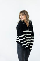 Sweter Apres Ski Czarny w Białe Paski 100% Wełna Merino