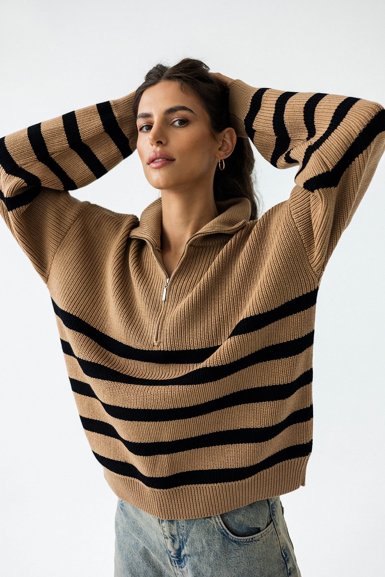 Sweter Apres Ski Kamel w Czarne Paski 100% Wełna Merino