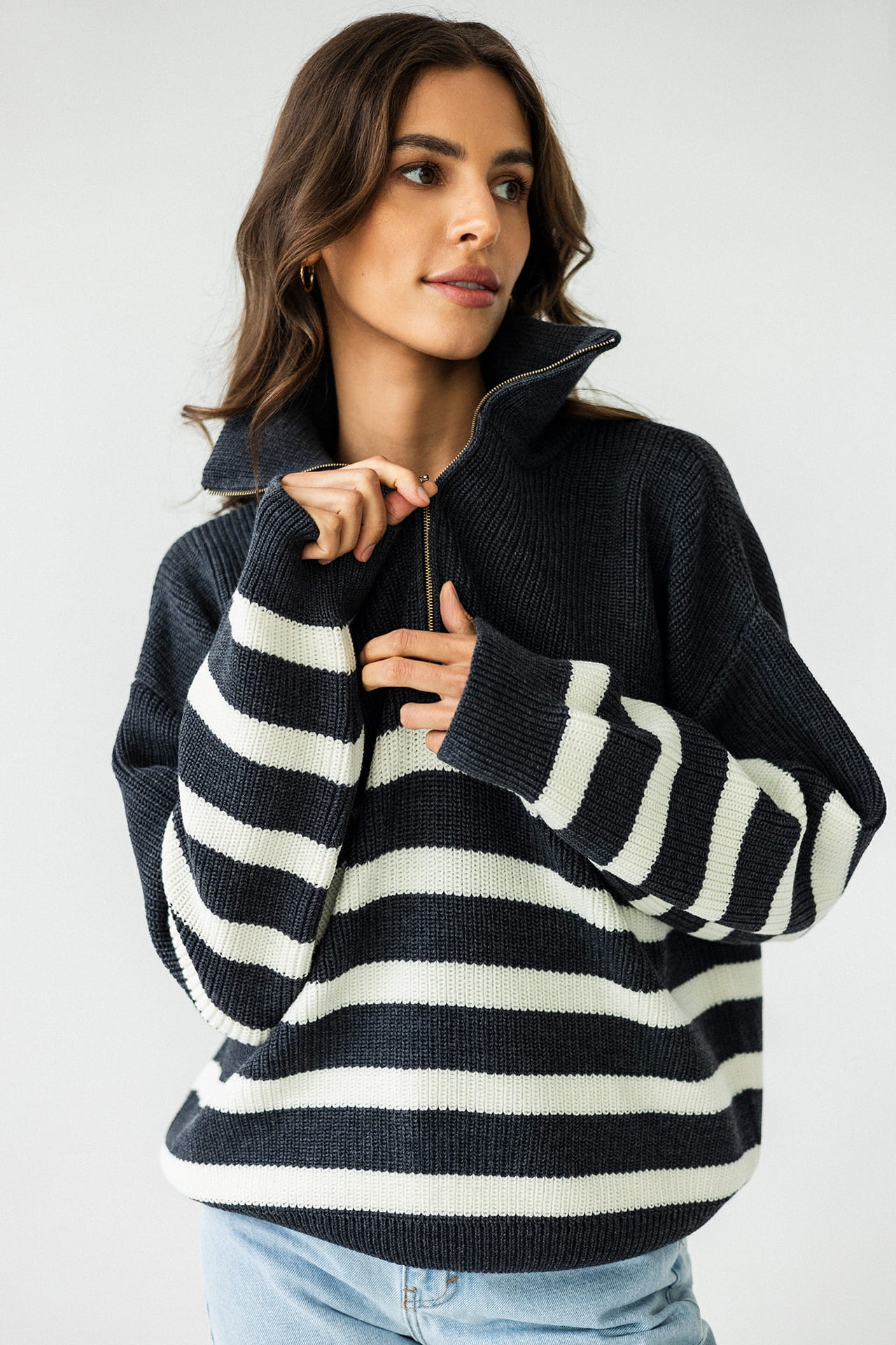 Sweter Apres Ski Szary w Białe Paski 100% Wełna Merino
