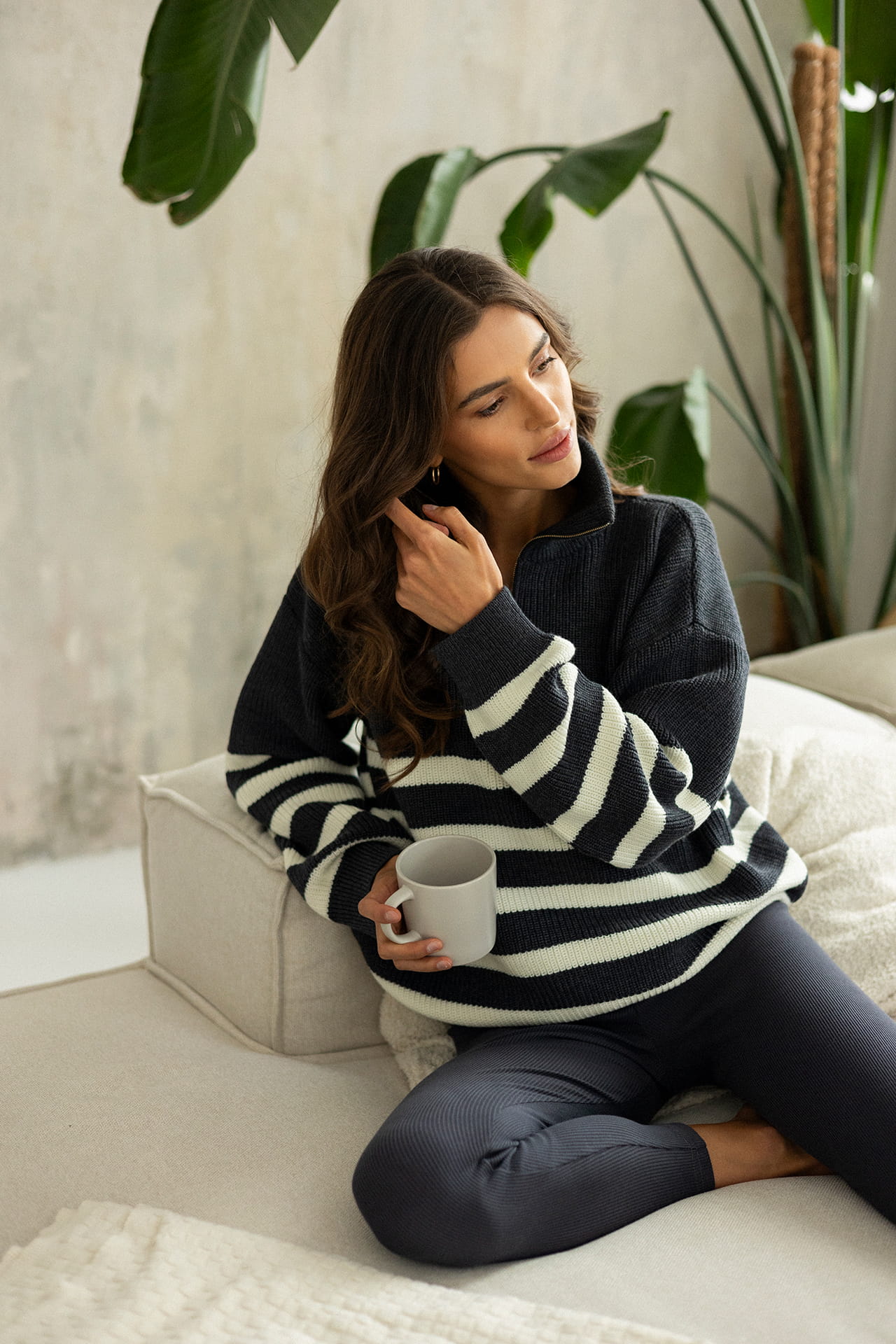Sweter Apres Ski Szary w Białe Paski 100% Wełna Merino