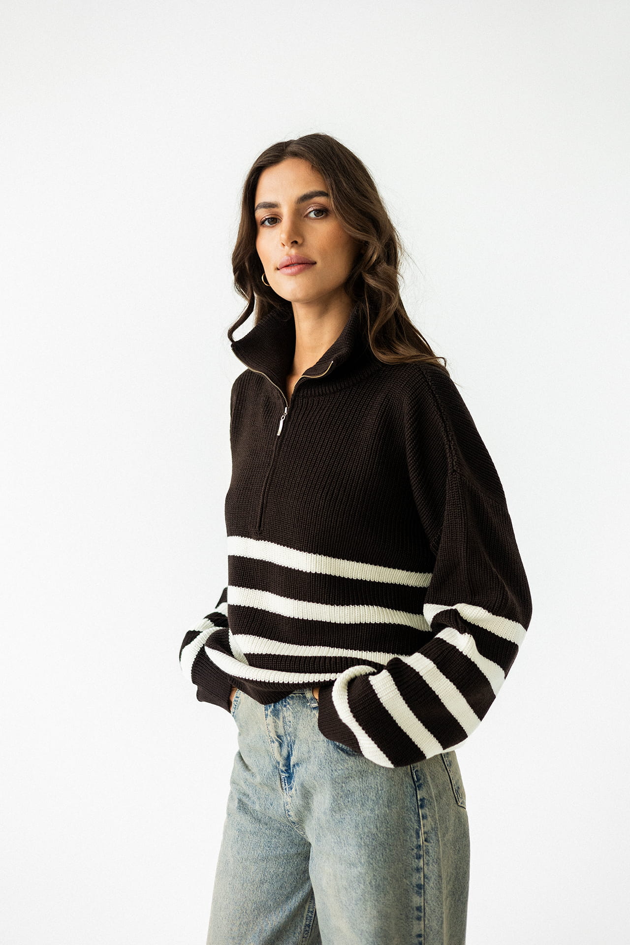 Sweter Apres Ski Brązowy w Białe Paski 100% Wełna Merino