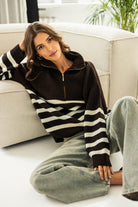 Sweter Apres Ski Brązowy w Białe Paski 100% Wełna Merino
