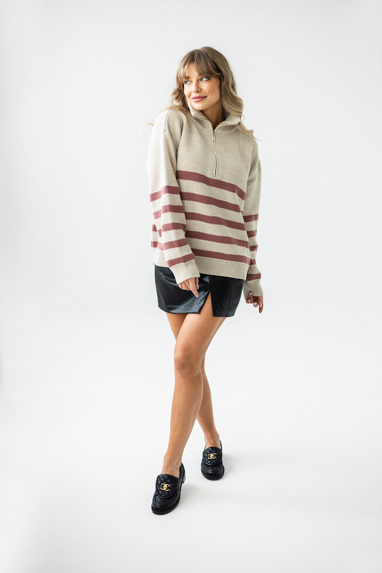Sweter Apres Ski Beżowy w Różowe Paski 100% Wełna Merino