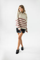 Sweter Apres Ski Beżowy w Różowe Paski 100% Wełna Merino