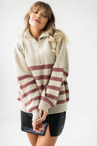 Sweter Apres Ski Beżowy w Różowe Paski 100% Wełna Merino