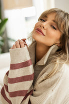 Sweter Apres Ski Beżowy w Różowe Paski 100% Wełna Merino