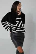 Sweter Apres Ski Czarny w Białe Paski 100% Wełna Merino