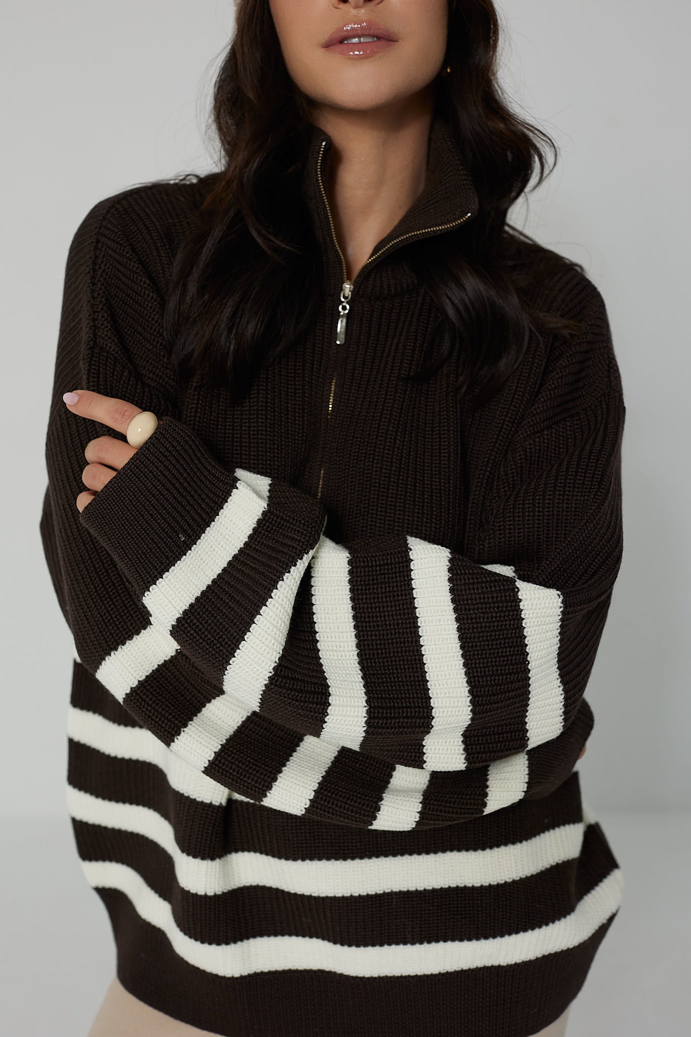 Sweter Apres Ski Brązowy w Białe Paski 100% Wełna Merino
