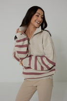 Sweter Apres Ski Beżowy w Różowe Paski 100% Wełna Merino