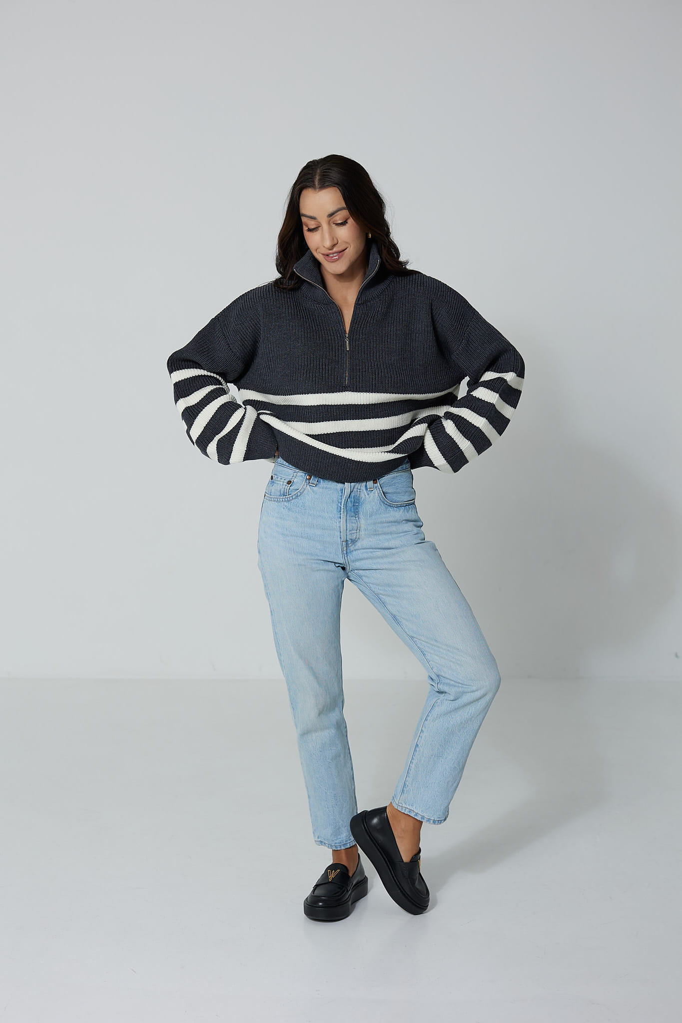Sweter Apres Ski Szary w Białe Paski 100% Wełna Merino
