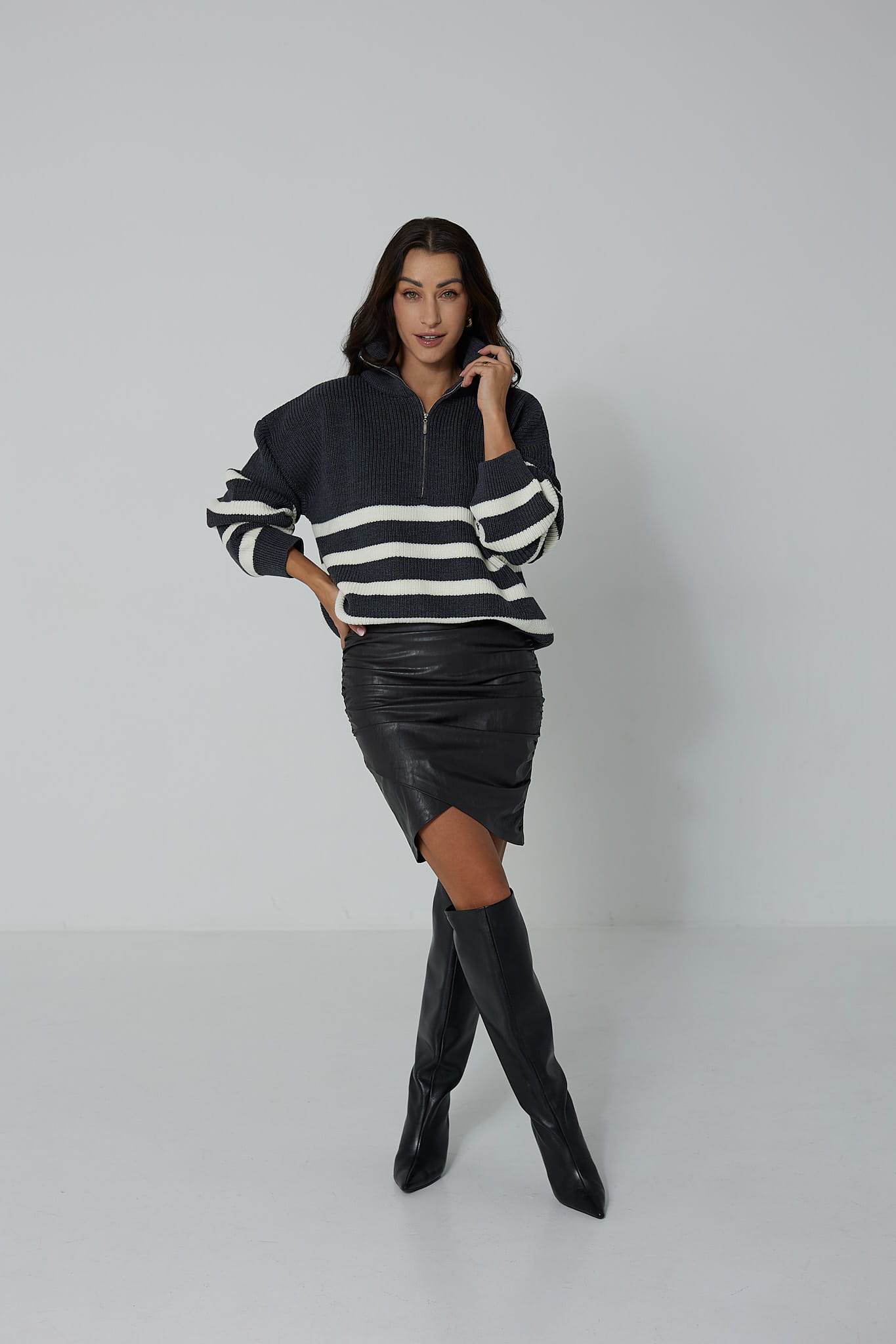 Sweter Apres Ski Szary w Białe Paski 100% Wełna Merino