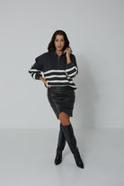 Sweter Apres Ski Szary w Białe Paski 100% Wełna Merino