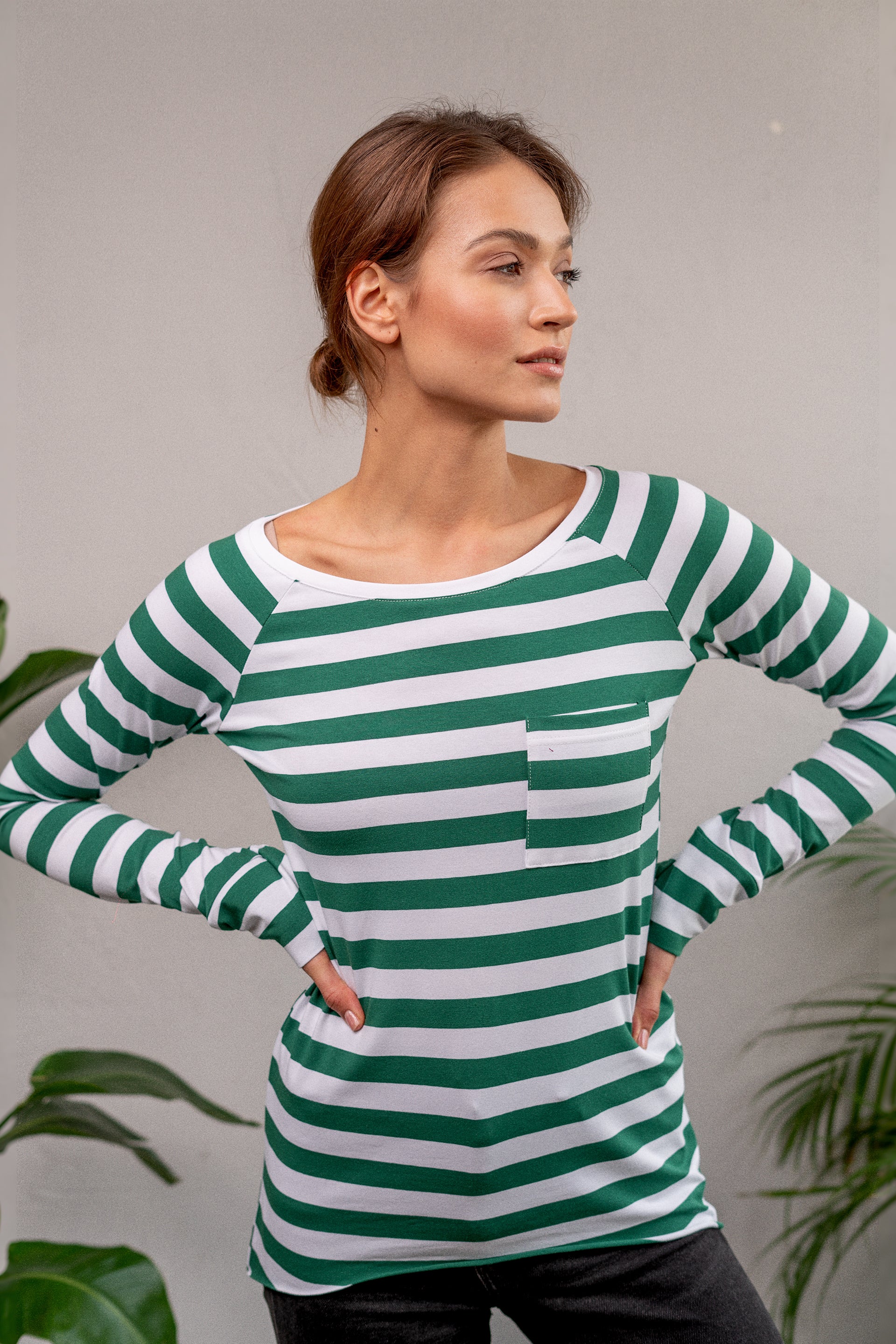 Longsleeve Dłuższa Historia Szerokie paski Butelkowa zieleń