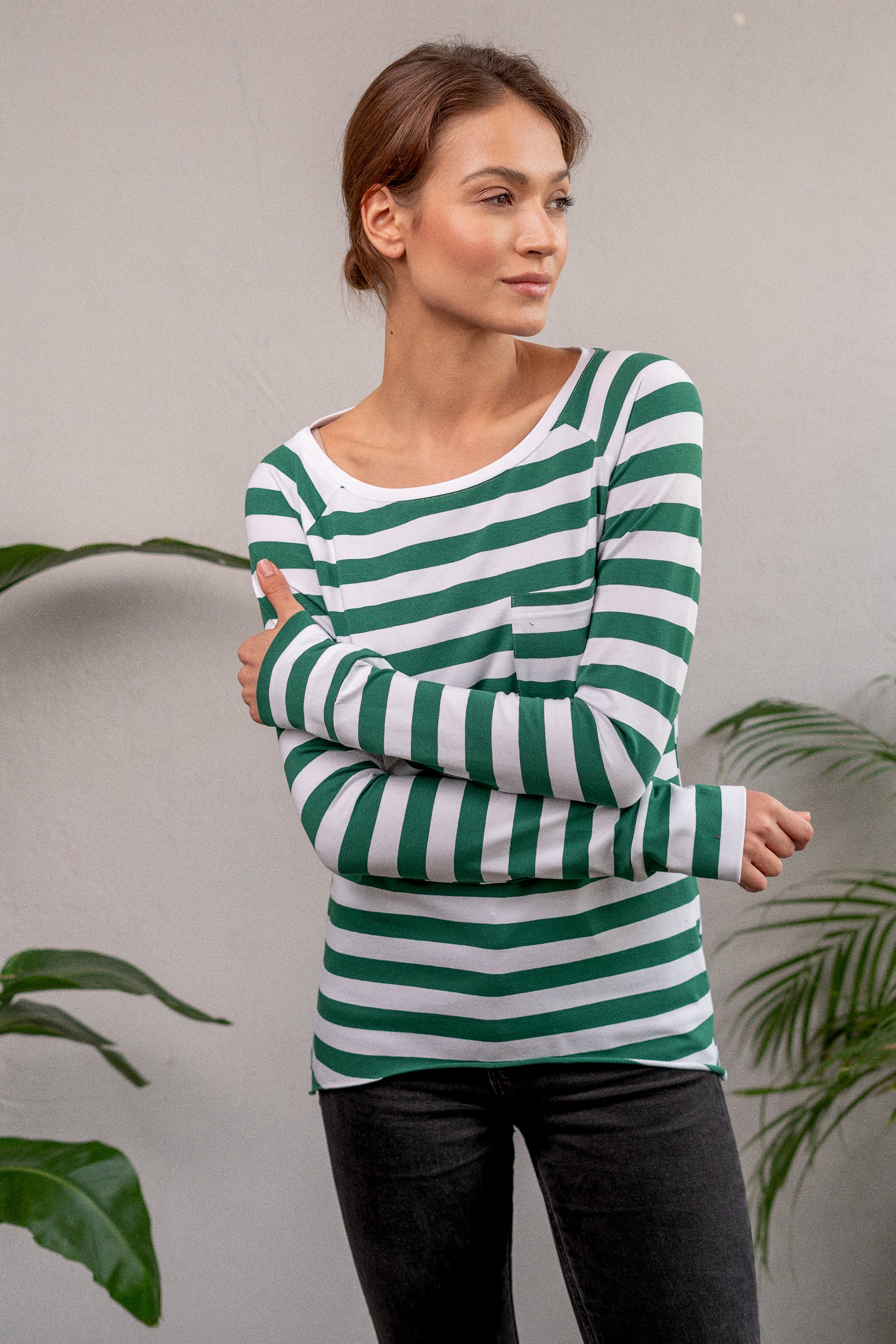Longsleeve Dłuższa Historia Szerokie paski Butelkowa zieleń