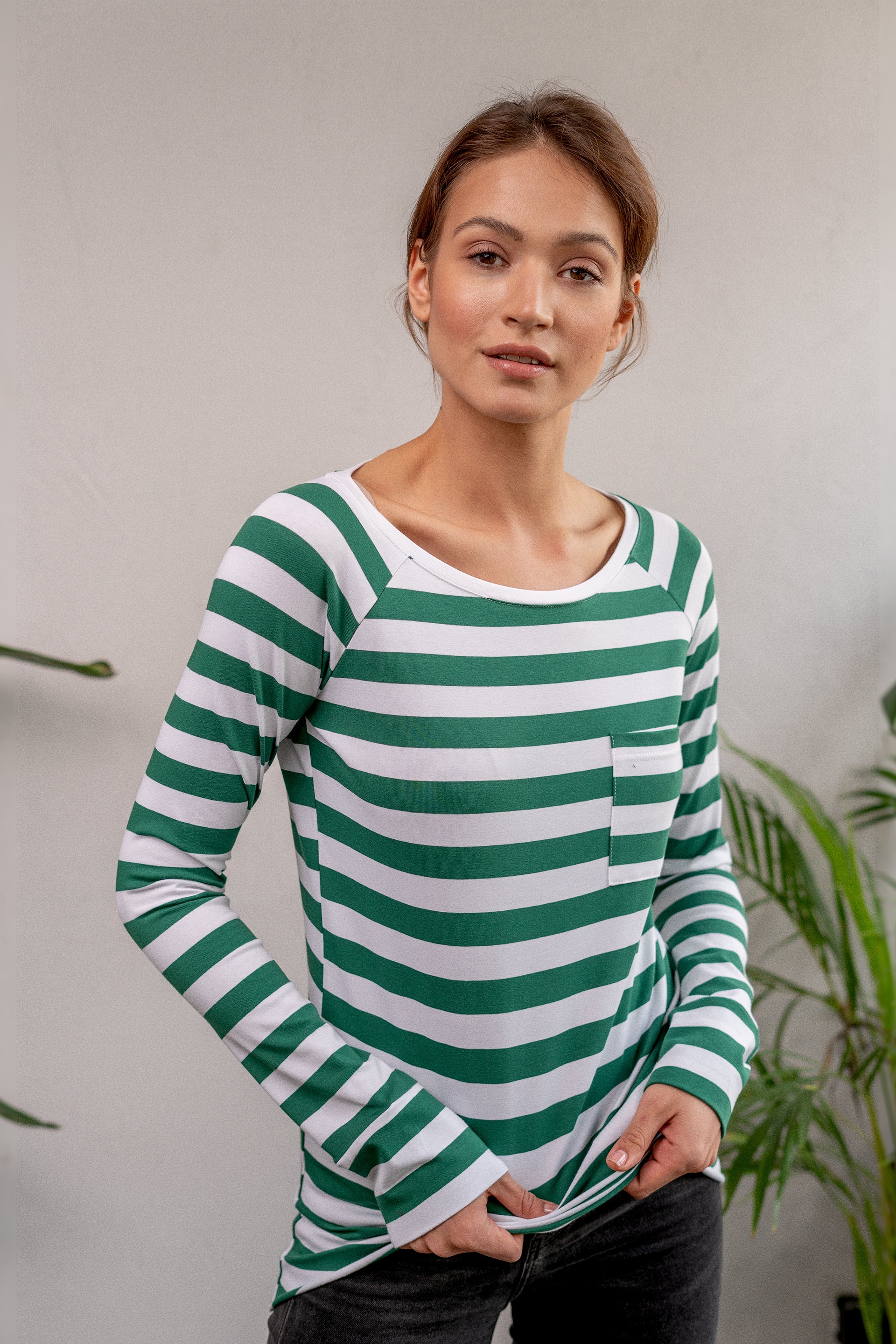 Longsleeve Dłuższa Historia Szerokie paski Butelkowa zieleń