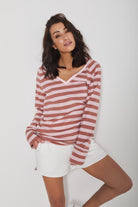 Longsleeve Daily Basic Szerokie Paski Koniak-Jasny Róż