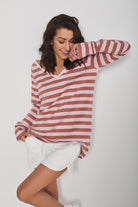 Longsleeve Daily Basic Szerokie Paski Koniak-Jasny Róż