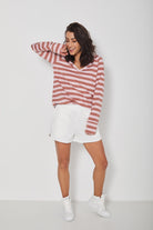 Longsleeve Daily Basic Szerokie Paski Koniak-Jasny Róż